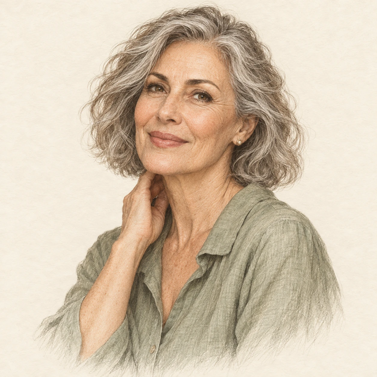 Bellezza del volto femminile maturo Ritratto illustrato di una donna matura con capelli argentati, espressione serena e segni naturali del tempo.