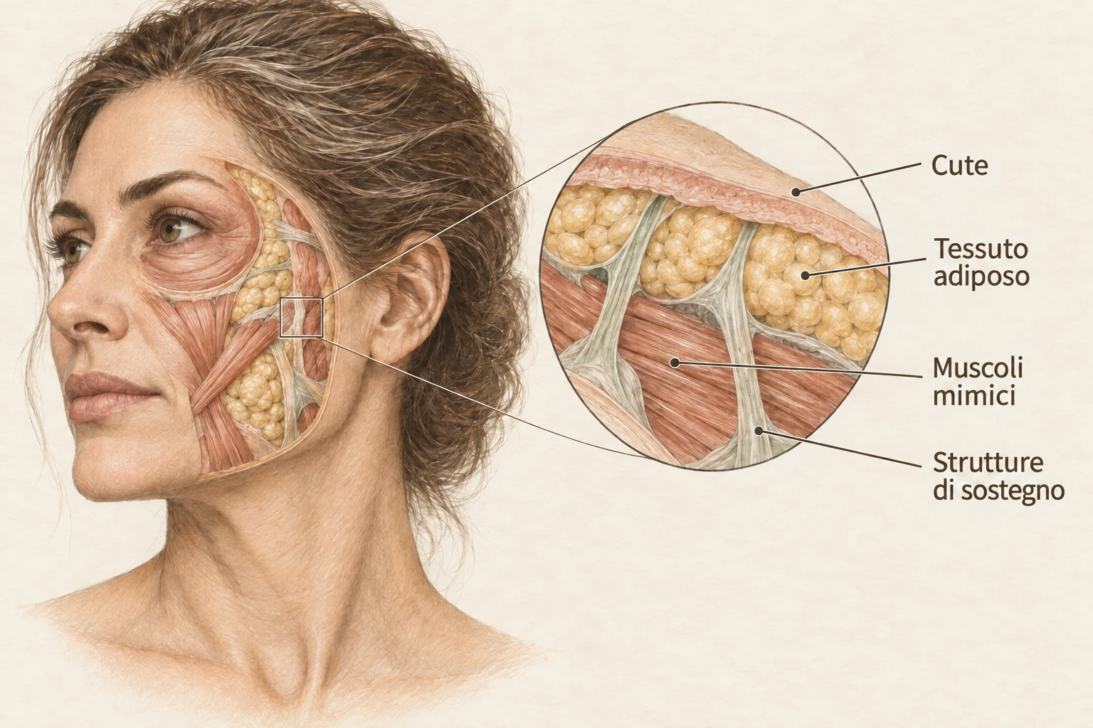 Anatomia del viso: muscoli e strutture di sostegno Tavola anatomica del volto con dettaglio di cute, tessuto adiposo, muscoli mimici e strutture di sostegno.