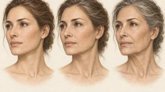 Illustrazione dello stesso volto femminile in tre fasi della vita, con cambiamenti di guance, mandibola e collo.