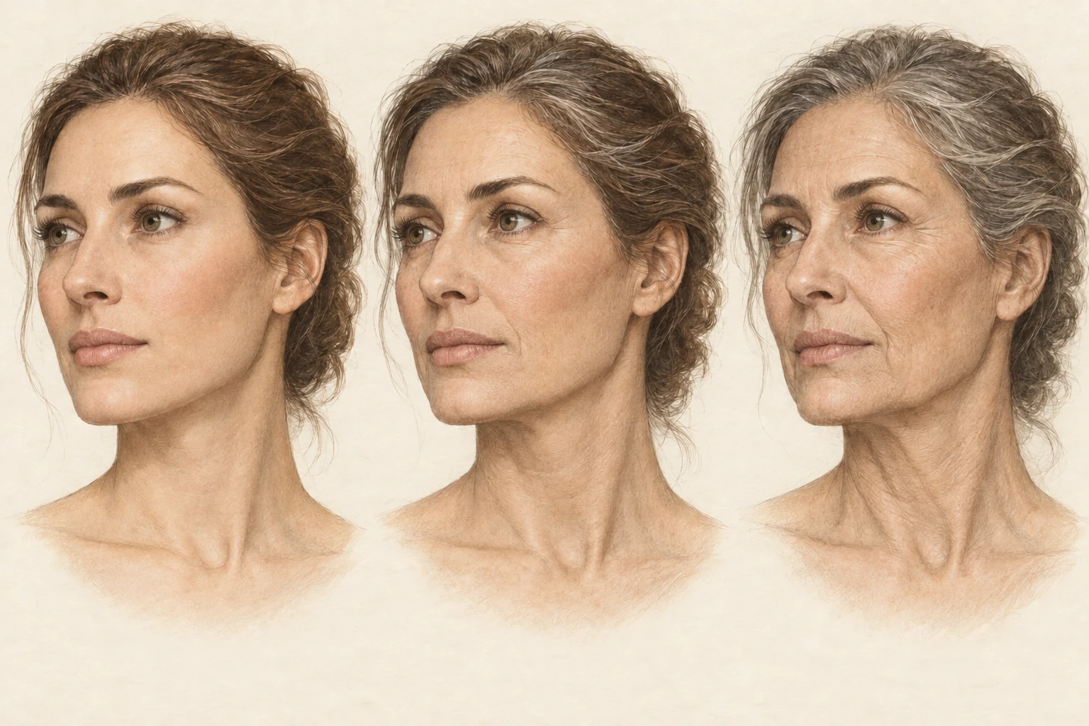 Invecchiamento del viso nelle diverse fasi della vita Illustrazione dello stesso volto femminile in tre fasi della vita, con cambiamenti di guance, mandibola e collo.