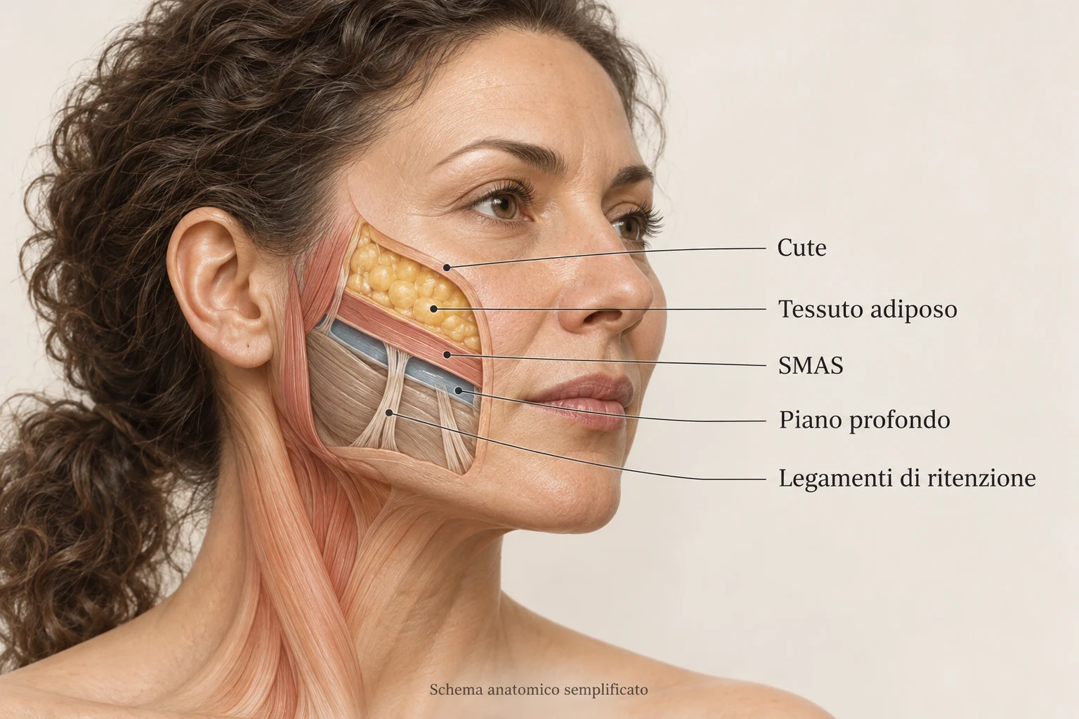 Tavola anatomica semplificata del volto con cute, tessuto adiposo, SMAS, piano profondo e muscoli del collo.