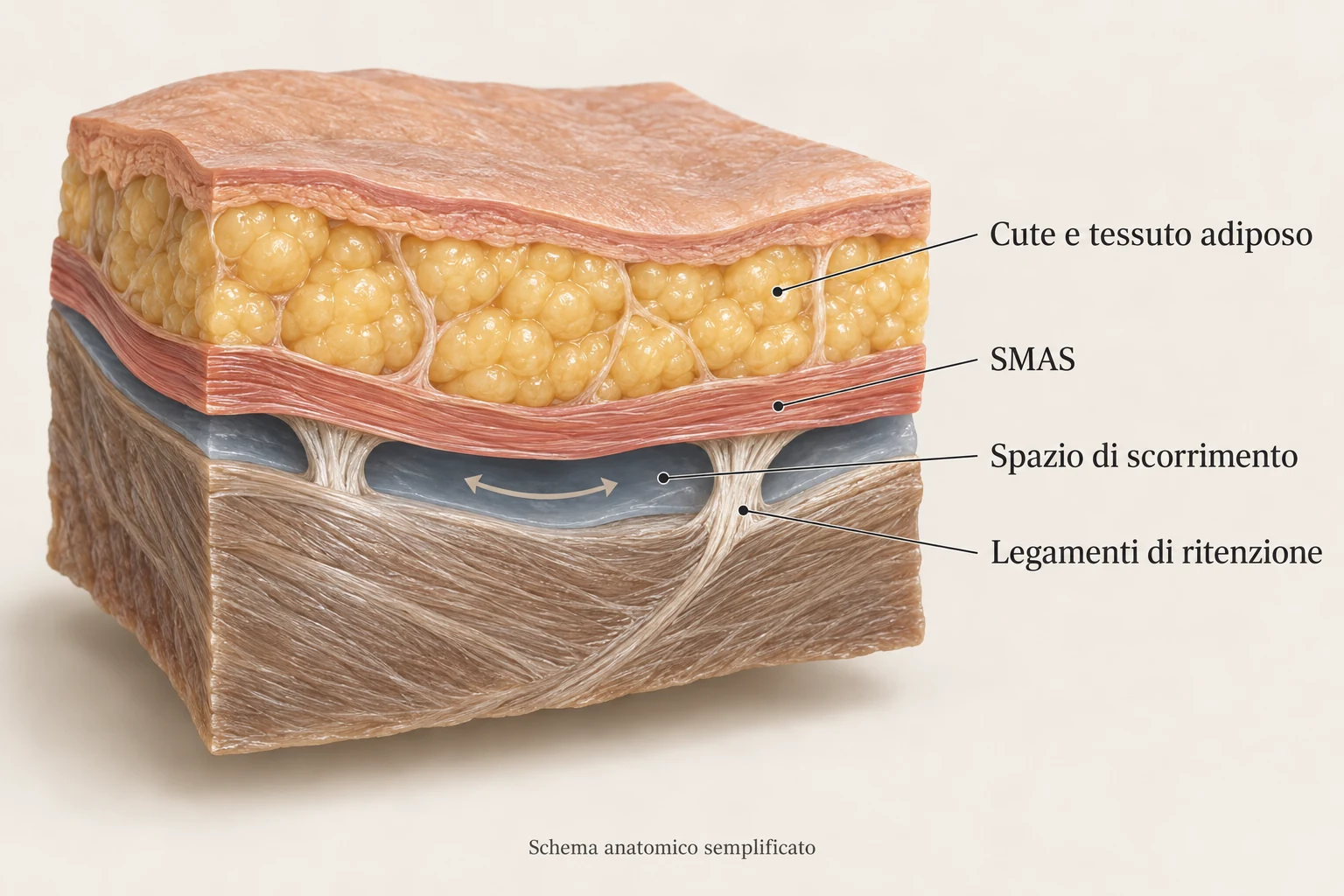 Deep Plane Lifting: spazi di scorrimento e legamenti Sezione anatomica schematica con cute e tessuto adiposo, SMAS, spazio di scorrimento e legamenti di ritenzione.