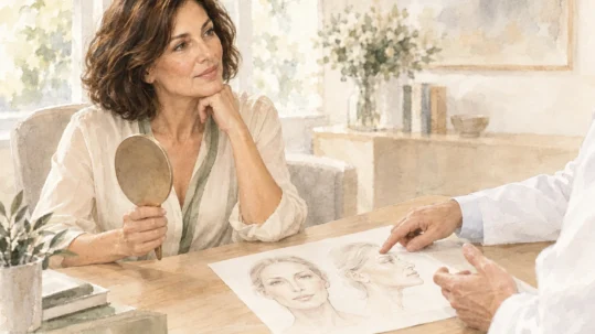 Scena illustrata ad acquarello di una donna adulta durante una valutazione del volto, con specchio e tavola di studio.