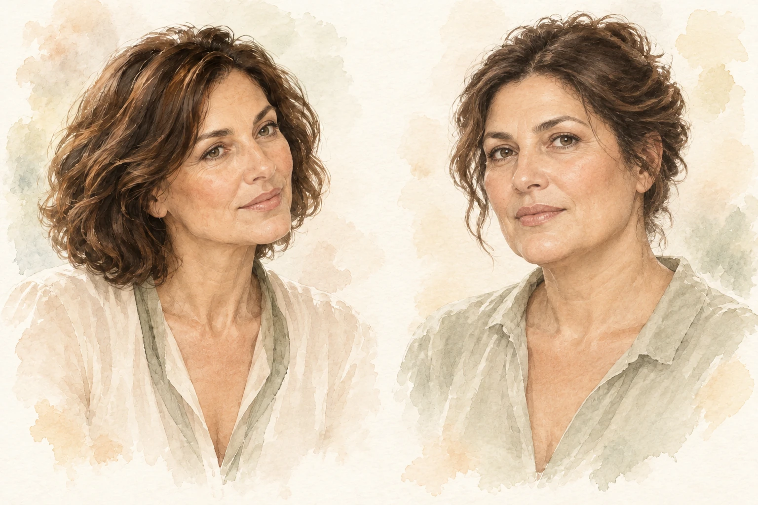Età e lifting del viso: anatomie individuali Due ritratti femminili ad acquarello illustrano differenze di forma e contorni tra volti di età simile.