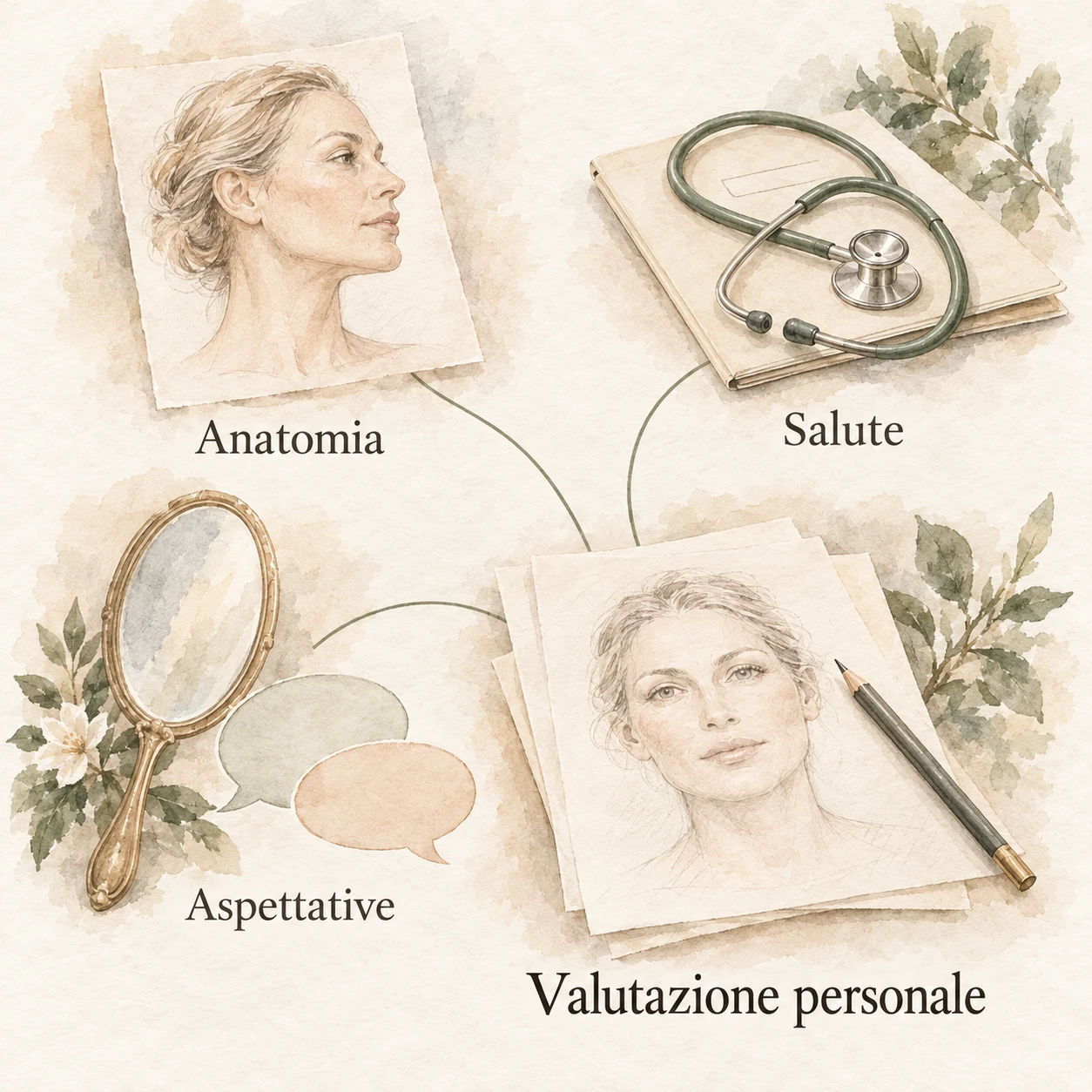 Lifting del viso: anatomia, salute e aspettative Schema ad acquarello che riunisce anatomia, salute e aspettative nella valutazione personale del lifting del viso.