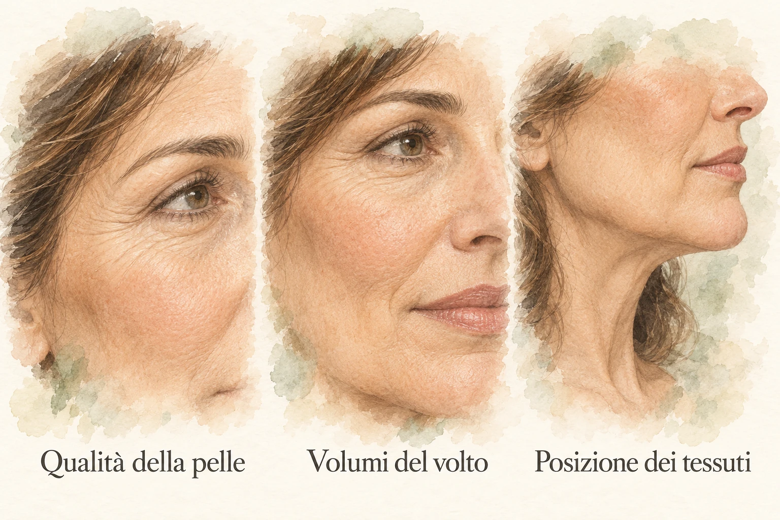 Valutazione del viso: pelle, volumi e posizione dei tessuti Tre dettagli del volto illustrano qualità della pelle, volumi della guancia e contorno di mandibola e collo.