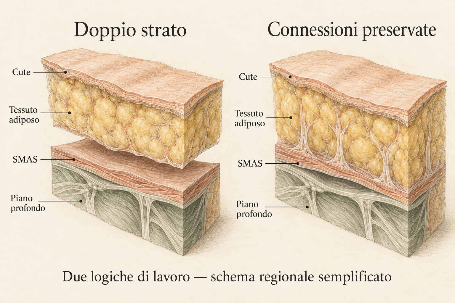 Lifting: doppio strato e Deep Plane Due schemi concettuali illustrano la separazione o la conservazione delle connessioni tra cute e SMAS in una regione selezionata.