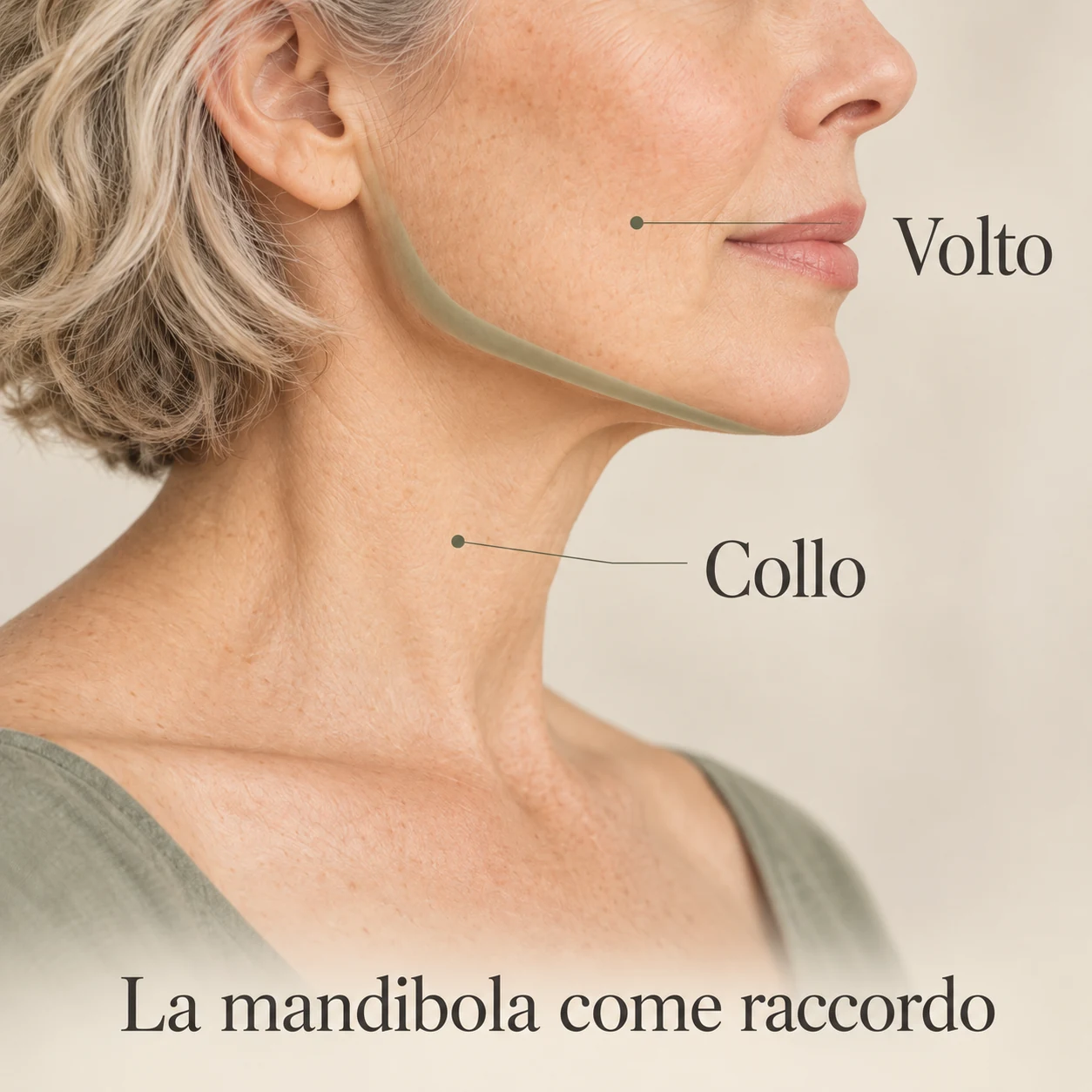 Dettaglio illustrato del profilo mandibolare, punto di raccordo fra la guancia e il collo.