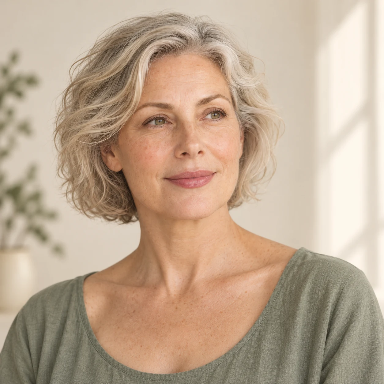 Ritratto illustrato della donna con espressione spontanea e profilo naturale di volto e collo.