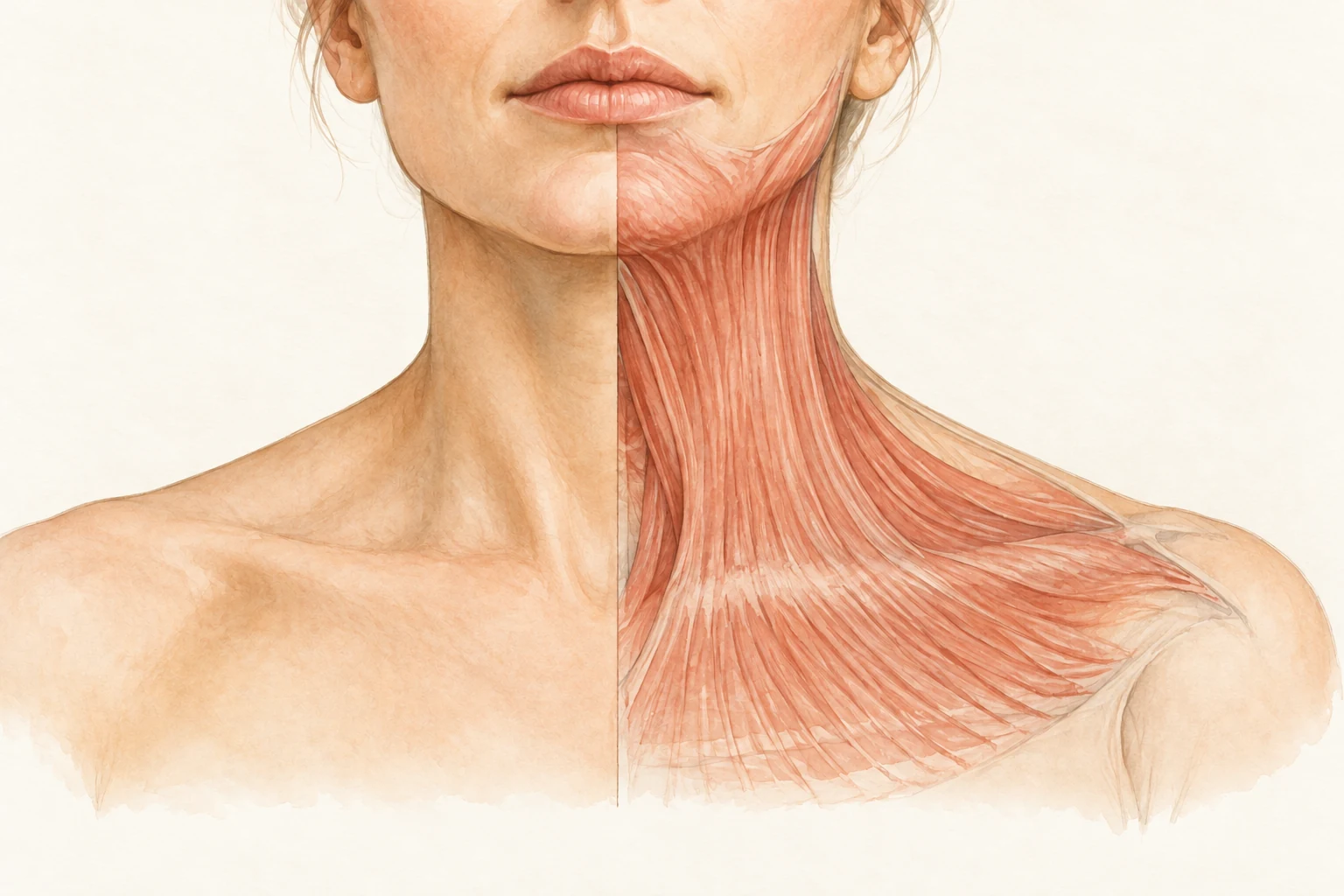 Illustrazione ad acquarello del collo con il platisma rappresentato sul lato anatomico, senza scritte.