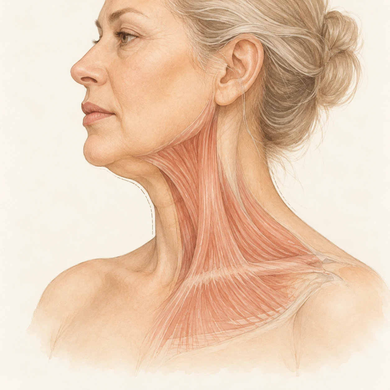 Platisma e proporzioni del collo Studio di profilo ad acquarello del raccordo fra mento, mandibola e collo, con linee di osservazione delle proporzioni.