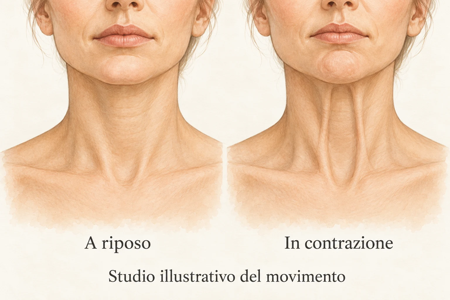 Platisma: osservazione a riposo e in movimento Due studi ad acquarello dello stesso collo a riposo e in contrazione, con diversa evidenza delle bande platismatiche.