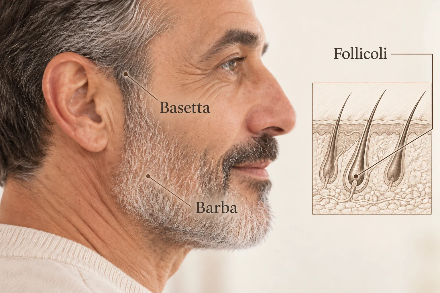 Lifting nell’uomo: barba, basette e orecchio Studio fotografico illustrativo ravvicinato di barba, basetta e orecchio, con un piccolo dettaglio schematico dei follicoli.