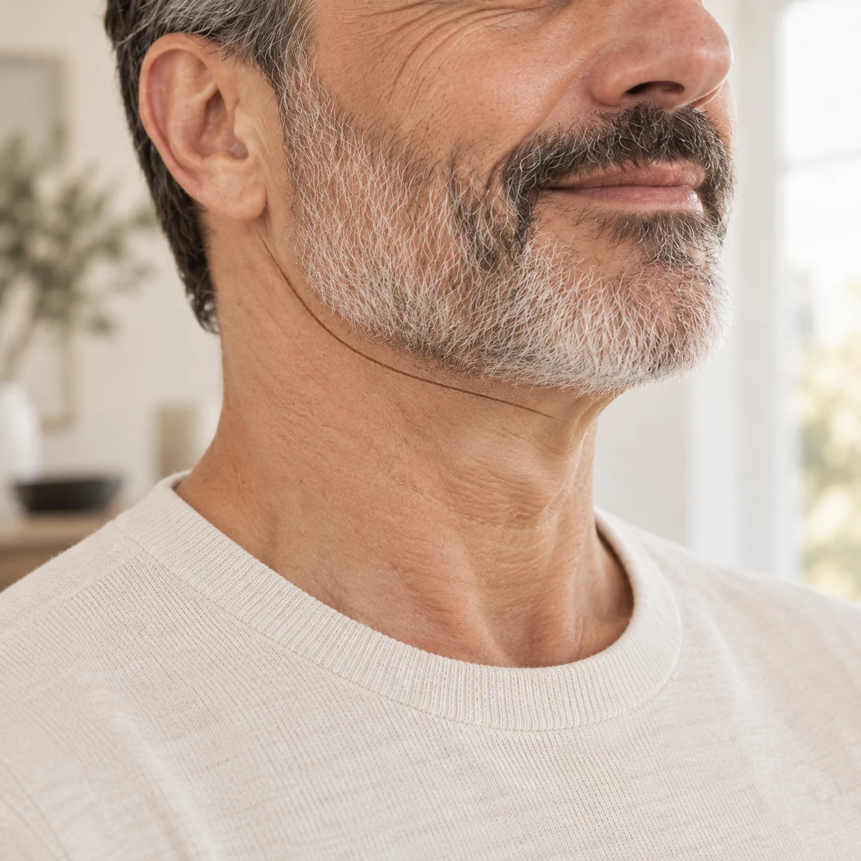 Lifting nell’uomo: mandibola e collo Dettaglio fotografico illustrativo della linea mandibolare e del collo di un uomo con barba corta.