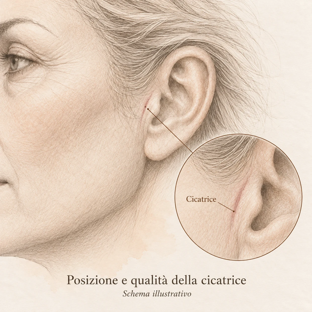 Disegno a matita dell’orecchio con ingrandimento schematico di una sottile cicatrice nella piega davanti all’orecchio.