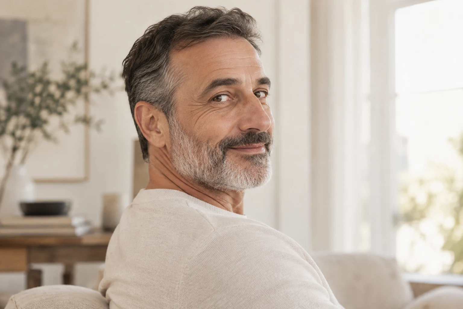 Ritratto fotografico illustrativo di un uomo maturo con barba sale e pepe e lineamenti naturali.