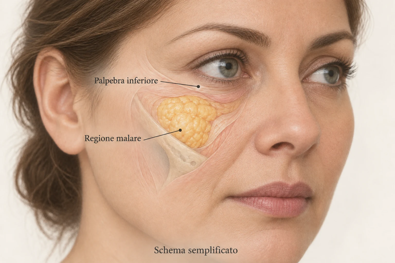 Tavola illustrata del terzo medio di una donna adulta, con indicazione della palpebra inferiore e della regione malare.