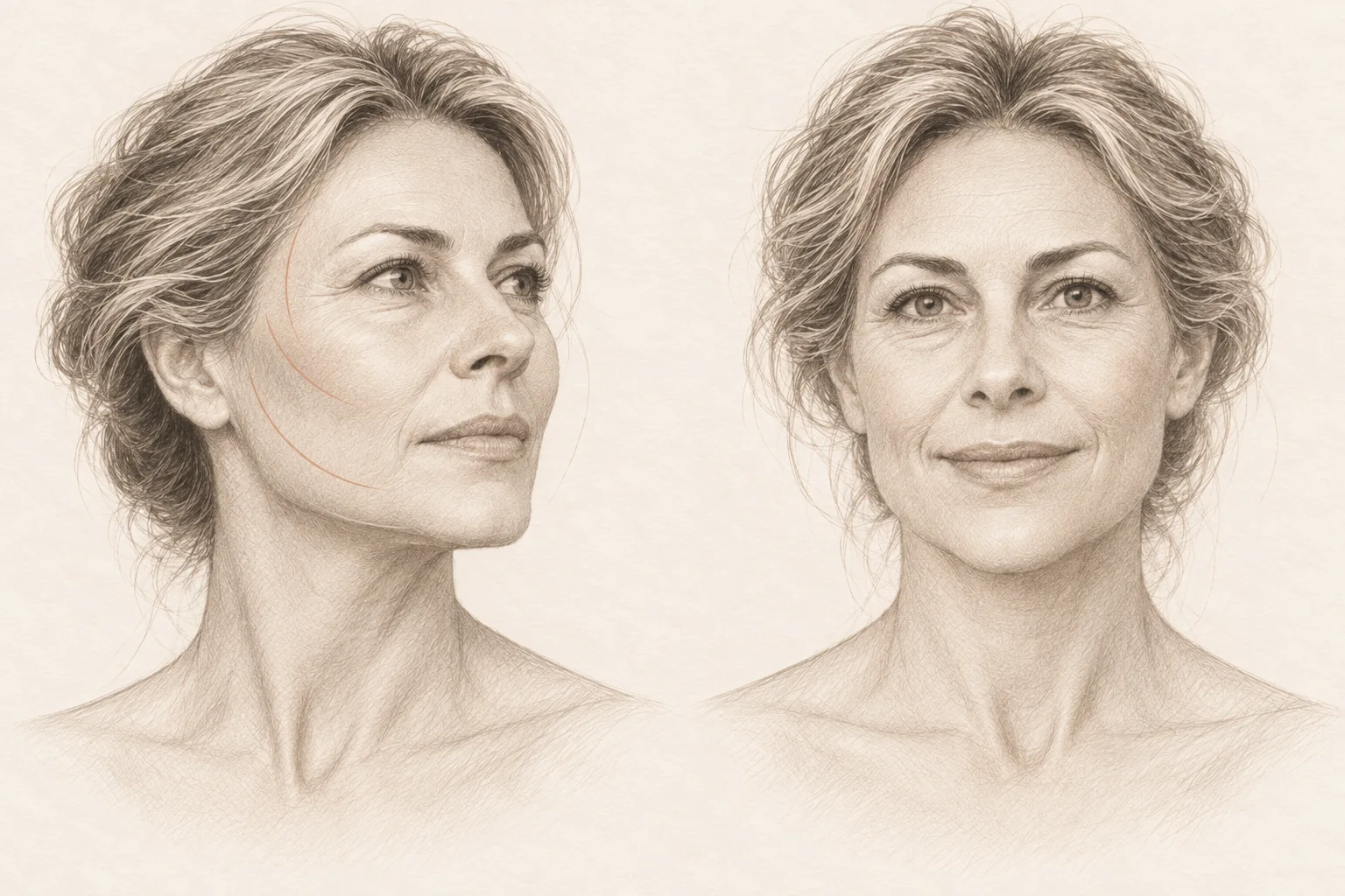 Studio per il lifting del viso: lo stesso volto illustrato a tre quarti e frontale, con espressione neutra e sorriso.