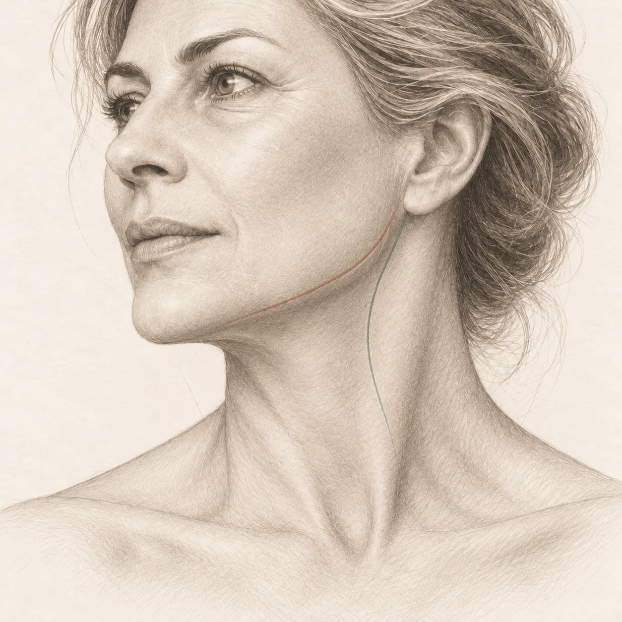 Dettaglio illustrato della linea mandibolare e del passaggio tra viso e collo, aree valutate nel lifting del viso.