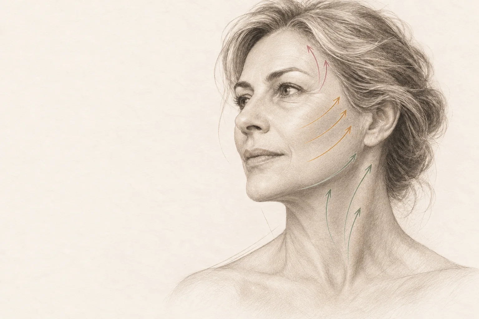 Lifting del viso: illustrazione a matita del volto a tre quarti con vettori su tempia, guancia, mandibola e collo.