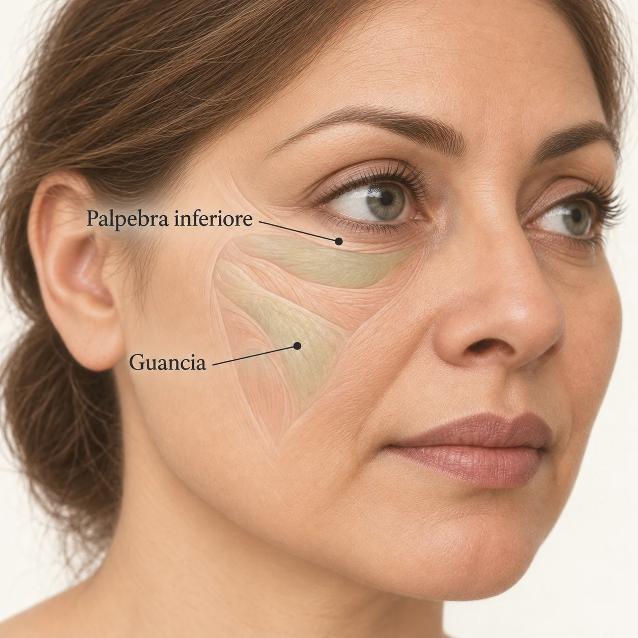 Dettaglio illustrato dell’occhio e della guancia di una donna adulta, con indicazione della palpebra inferiore.
